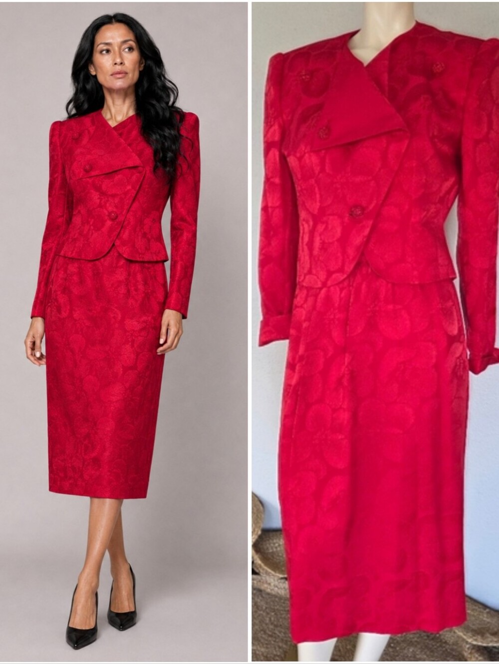 Vintage David Hayes X Nieman Red Floral Silk Jacquard Skirt Suit Vtg 10 Fits 4